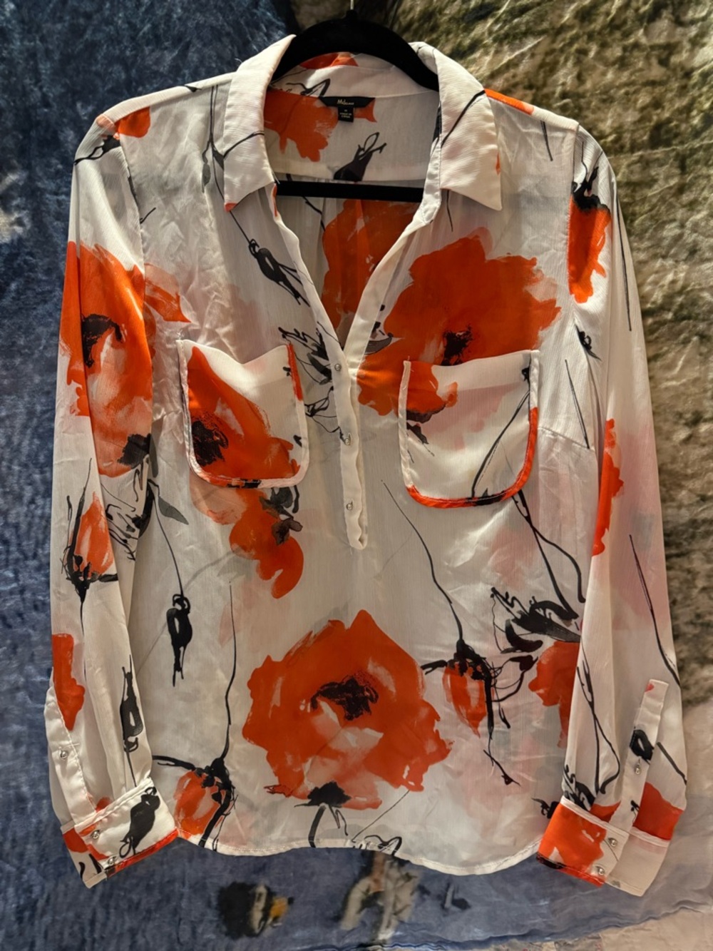 Milano White Blouse with Bold Red-Orange Floral Print